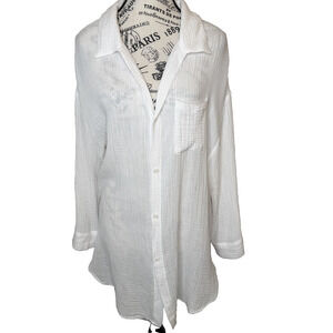 Kona Sol Women’s Blouse/Cover-Up Size S White Long Sleeve Gauzy Collar Hi-Lo Hem